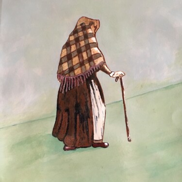 Painting titled "Old Lady with Stick" by Eric Chattell, Original Artwork, Acrylic Mounted on Other rigid panel