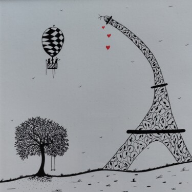 Dibujo titulada "La montgolfière et…" por Eric De Vuyst, Obra de arte original, Tinta Montado en Otro panel rígido