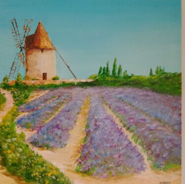 Painting titled "Moulin dans un cham…" by Eric Espigares, Original Artwork, Acrylic