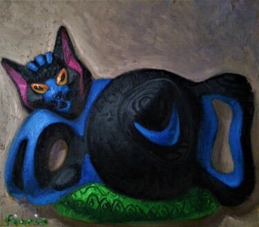 Peinture intitulée "chat noir étendu su…" par Eric Fiorin, Œuvre d'art originale, Huile