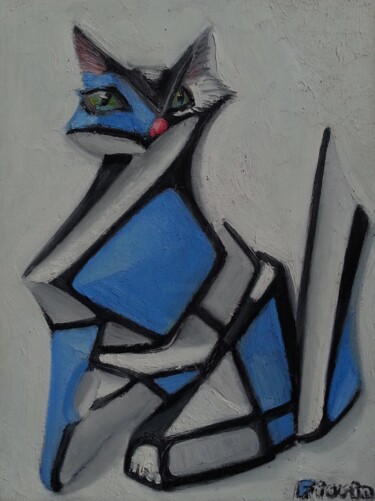 Картина под названием "chat bleu et blanc" - Eric Fiorin, Подлинное произведение искусства, Масло