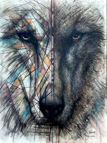 Painting titled "Loup#1 - portrait" by Eric Leroy (Rico), Original Artwork, Acrylic Mounted on Wood Stretcher frame
