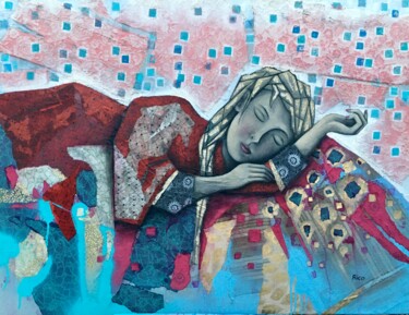 Peinture intitulée "« Marie dort » port…" par Eric Leroy (Rico), Œuvre d'art originale, Collages Monté sur Châssis en bois