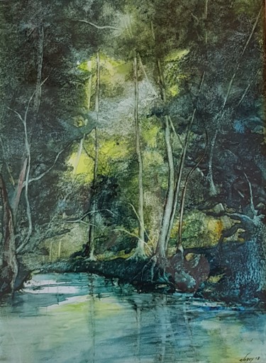 Peinture intitulée "La rivière bleue" par Eric Lorcy, Œuvre d'art originale, Aquarelle