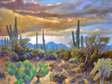 Ζωγραφική με τίτλο "Sunrise: Kit Peak" από Eric Matranga, Αυθεντικά έργα τέχνης, Λάδι Τοποθετήθηκε στο Ξύλινο φορείο σκελετό