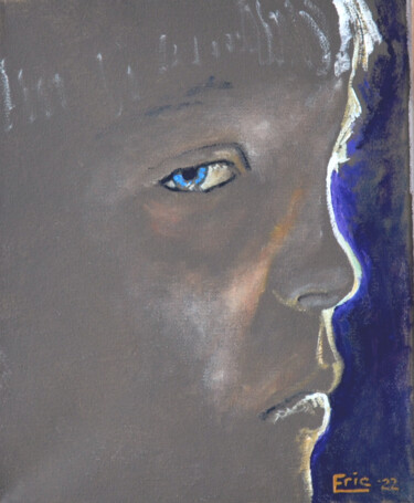 Schilderij getiteld "Blue Eyes" door Eric Matranga, Origineel Kunstwerk, Olie Gemonteerd op Frame voor houten brancard