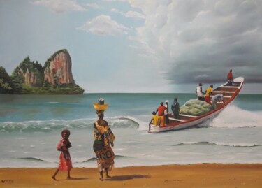 Schilderij getiteld "La barque" door Eric Mazurie, Origineel Kunstwerk, Olie Gemonteerd op Frame voor houten brancard