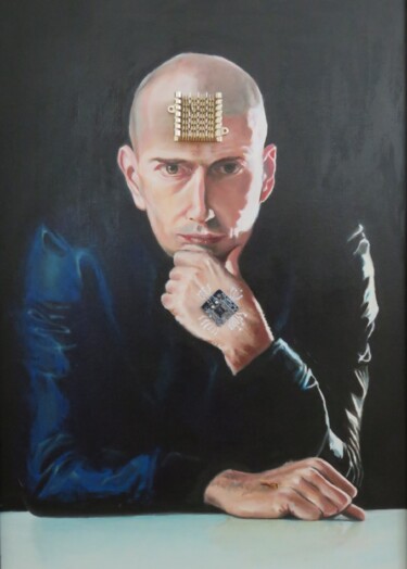 Painting titled "Portrait robot" by Eric Mazurie, Original Artwork, Oil Mounted on Wood Stretcher frame