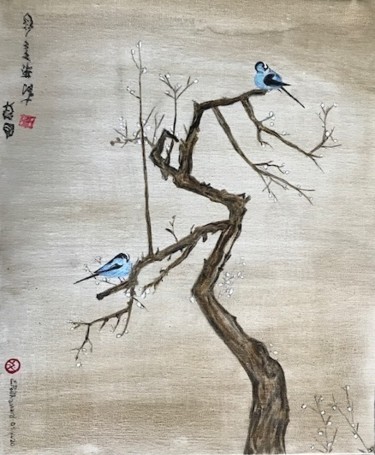 Malerei mit dem Titel "oiseaux bleus" von Eric Pailhassard, Original-Kunstwerk, Acryl