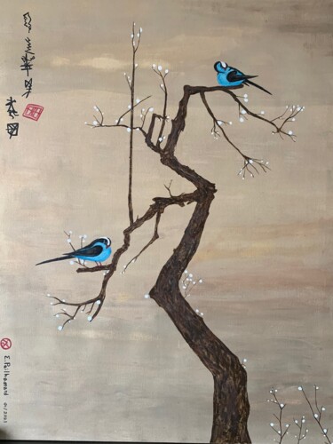 제목이 "les oiseaux bleus"인 미술작품 Eric Pailhassard로, 원작, 아크릴 나무 들것 프레임에 장착됨