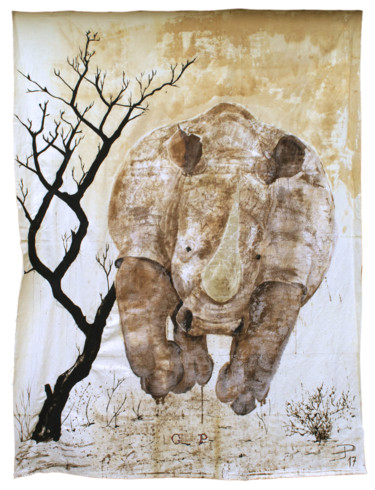 Schilderij getiteld "rhinoceros-sur-drap…" door Éric Plateau, Origineel Kunstwerk, Anders