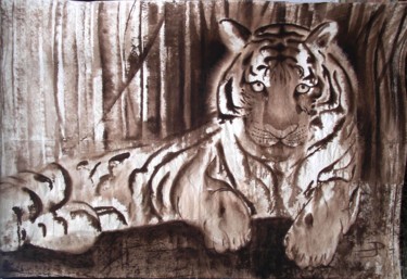 Pintura intitulada "tigre-sur-drap de l…" por Éric Plateau, Obras de arte originais