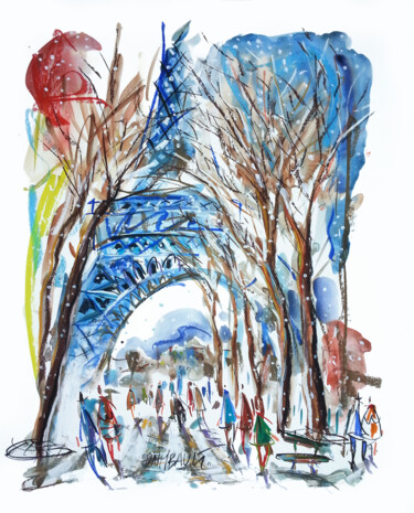 Peinture intitulée "La Tour Eiffel" par Eric Raimbault, Œuvre d'art originale, Aquarelle Monté sur Carton