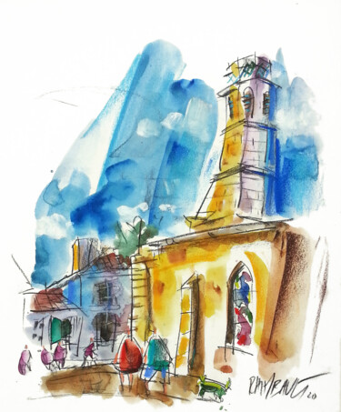 Peinture intitulée "Oléron - Le clocher…" par Eric Raimbault, Œuvre d'art originale, Aquarelle