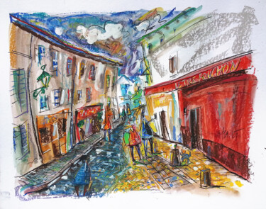 Peinture intitulée "La rue Poulbot - Mo…" par Eric Raimbault, Œuvre d'art originale, Aquarelle Monté sur Carton