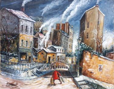 Peinture intitulée "Montmartre - La rue…" par Eric Raimbault, Œuvre d'art originale, Acrylique Monté sur Carton