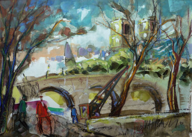 Peinture intitulée "Les quais de Seine…" par Eric Raimbault, Œuvre d'art originale, Aquarelle Monté sur Carton