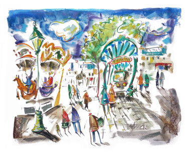 Painting titled "La place des Abbess…" by Eric Raimbault, Original Artwork, Watercolor Mounted on Cardboard