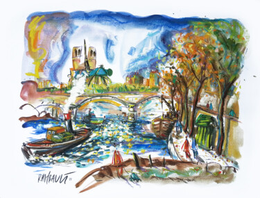 绘画 标题为“Les quais de Seine…” 由Eric Raimbault, 原创艺术品, 水彩 安装在纸板上