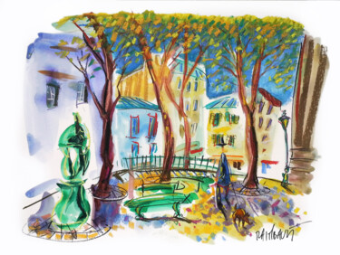Painting titled "La place Émile Goud…" by Eric Raimbault, Original Artwork, Watercolor Mounted on Cardboard