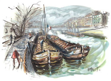 Peinture intitulée "Les quais de Seine…" par Eric Raimbault, Œuvre d'art originale, Aquarelle Monté sur Carton