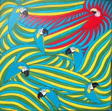 Malerei mit dem Titel "Danse des perroquets" von Eric Richet, Original-Kunstwerk, Acryl Auf Keilrahmen aus Holz montiert