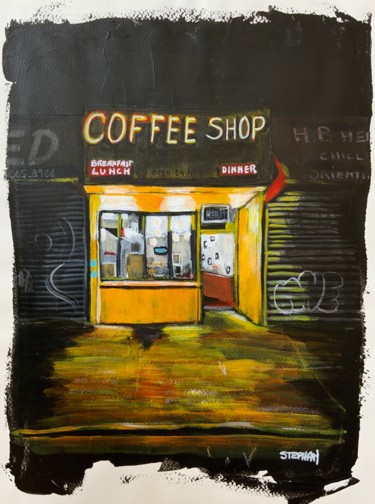 Painting titled "Coffee shop" by Eric Stephan, Original Artwork, Acrylic