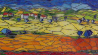 Painting titled "Collines de Provence" by Eric Audry, Original Artwork, Stained glass painting Mounted on Plexiglass