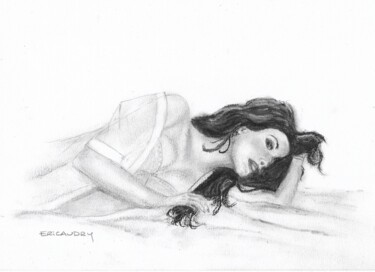 Drawing titled "Madame se repose" by Eric Audry, Original Artwork, Charcoal