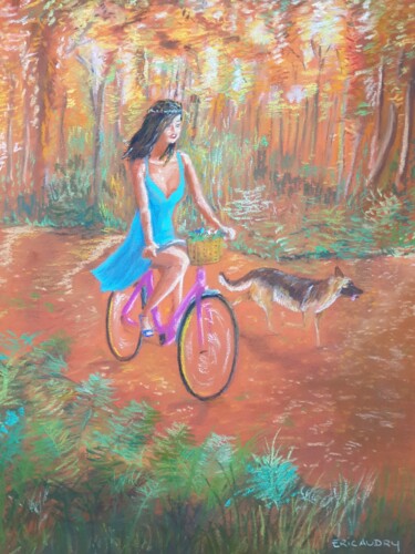 Drawing titled "Jeune fille à bicyc…" by Eric Audry, Original Artwork, Pastel