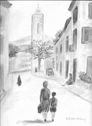 Disegno intitolato "village provençal 1…" da Eric Audry, Opera d'arte originale, Carbone