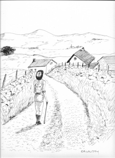 Dibujo titulada "Chemin de randonnée" por Eric Audry, Obra de arte original, Tinta