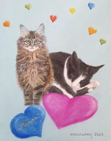 Drawing titled "Les petits chats de…" by Eric Audry, Original Artwork, Pastel Mounted on Cardboard