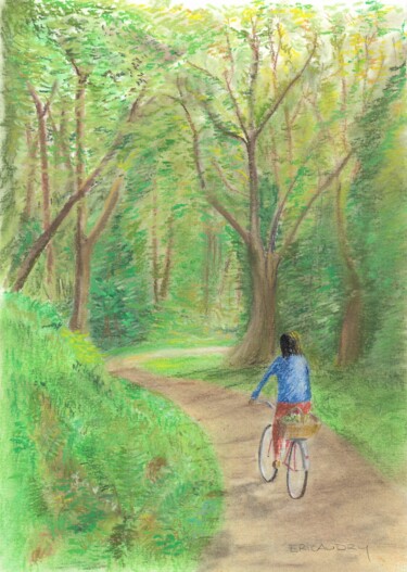 Drawing titled "A bicyclette dans l…" by Eric Audry, Original Artwork, Pastel