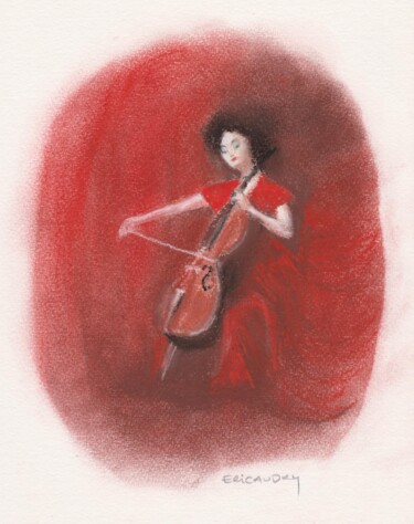 Drawing titled "La violoncelliste" by Eric Audry, Original Artwork, Pastel