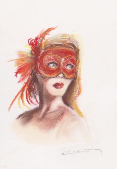 Рисунок под названием "Femme au masque rub…" - Eric Audry, Подлинное произведение искусства, Пастель