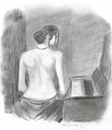 Drawing titled "Jeune fille au piano" by Eric Audry, Original Artwork, Charcoal