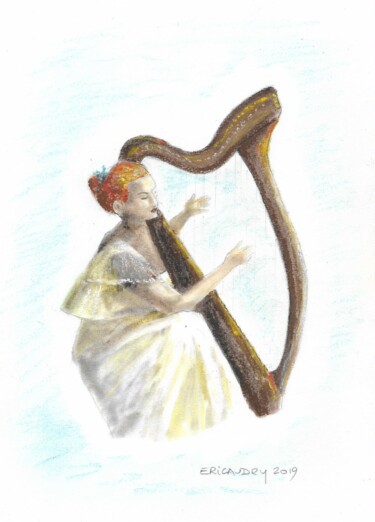 Dibujo titulada "La harpiste" por Eric Audry, Obra de arte original, Pastel
