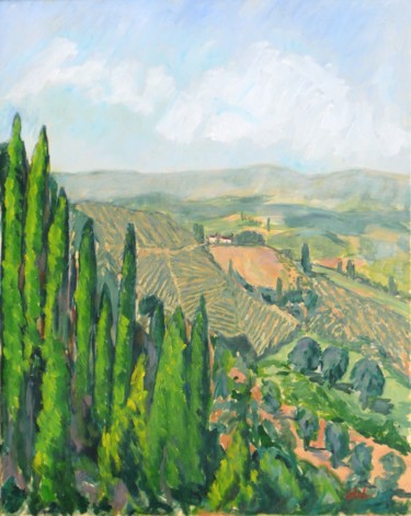 Painting titled "View from San Gimig…" by Eric Delaval, Original Artwork, Oil Mounted on Wood Stretcher frame