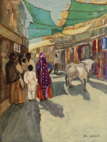 Painting titled "Street in Jaisalmer" by Eric Delaval, Original Artwork, Oil Mounted on Wood Stretcher frame