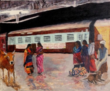 Malarstwo zatytułowany „Night train- Jaipur…” autorstwa Eric Delaval, Oryginalna praca, Olej Zamontowany na Drewniana rama n…