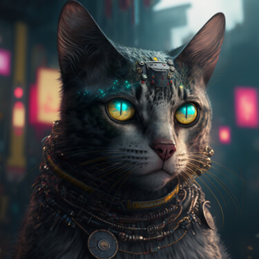 Arts numériques intitulée "le chat cyberpunk (…" par Erick Philippe (eikioo), Œuvre d'art originale, Image générée par l'IA