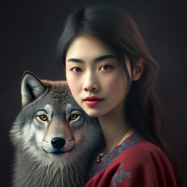 Arts numériques intitulée "la femme au loup (6…" par Erick Philippe (eikioo), Œuvre d'art originale, Image générée par l'IA