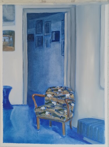 Ζωγραφική με τίτλο "intérieur bleu au f…" από Eric Kaiser, Αυθεντικά έργα τέχνης, Λάδι