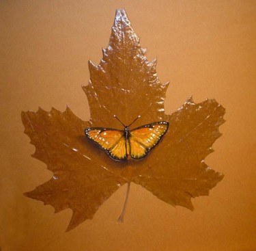 Peinture intitulée "papillon sur feuill…" par Eric Sabatier, Œuvre d'art originale, Huile