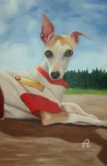 Painting titled "whippet in the gard…" by Ericson, Original Artwork, Oil