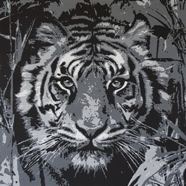 Malarstwo zatytułowany „TIGER SAVANA” autorstwa Erik Black, Oryginalna praca, Akryl Zamontowany na Drewniana rama noszy