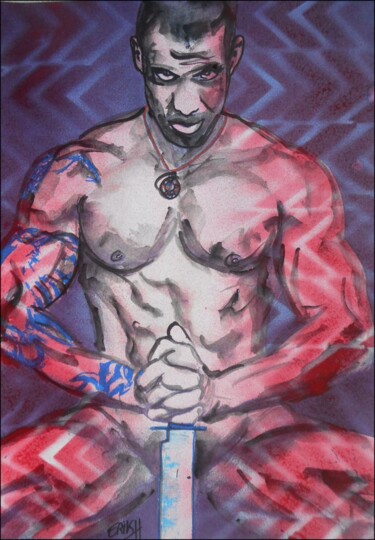 Peinture intitulée "guerrier, homme nu…" par Erik Hils, Œuvre d'art originale, Acrylique