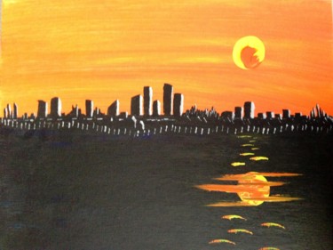 Schilderij getiteld "City Sunset" door Erik Melver, Origineel Kunstwerk, Olie