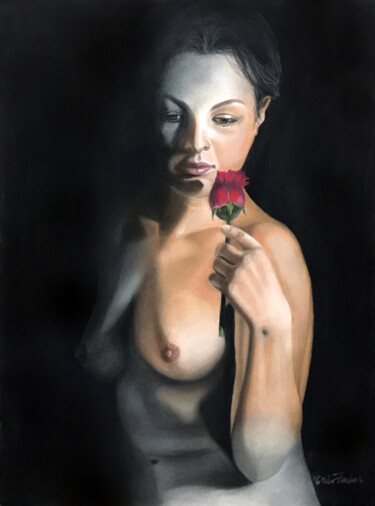 Peinture intitulée "Red Rose" par Erika Farkas, Œuvre d'art originale, Pastel